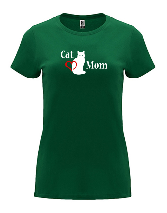 Dámské tričko s potiskem Cat mom lahvově zelená