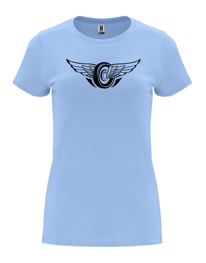 Dámské tričko s potiskem Okřídlené kolo nebesky modrá
