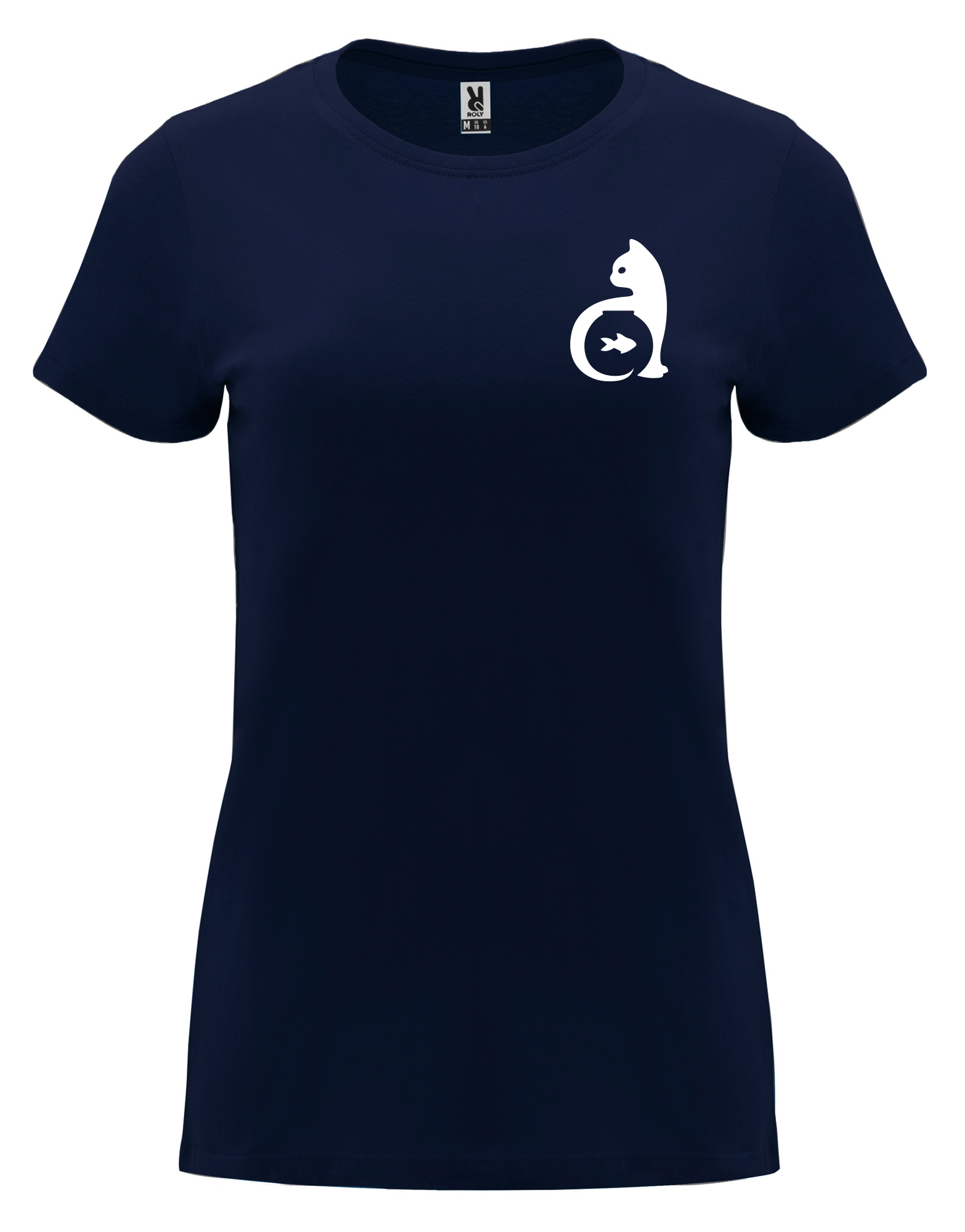 Dámské tričko s potiskem Kočka s rybou námořní modrá